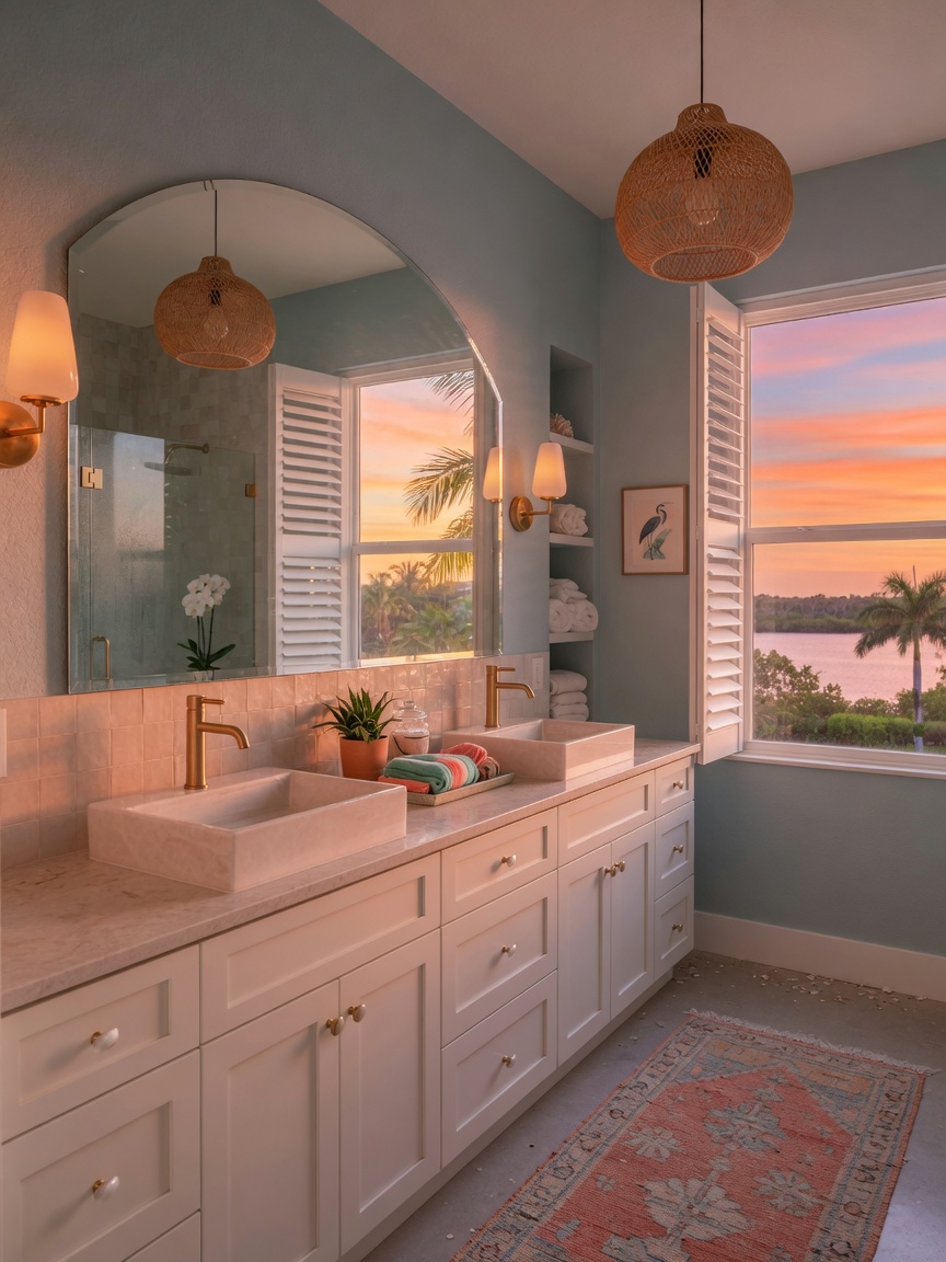 Ultra-realistic 8K sunset photograph of a beautifully renovated Southwest Florida bathroom with double vanity, large mirror, and warm lighting creating a serene coastal ambiance