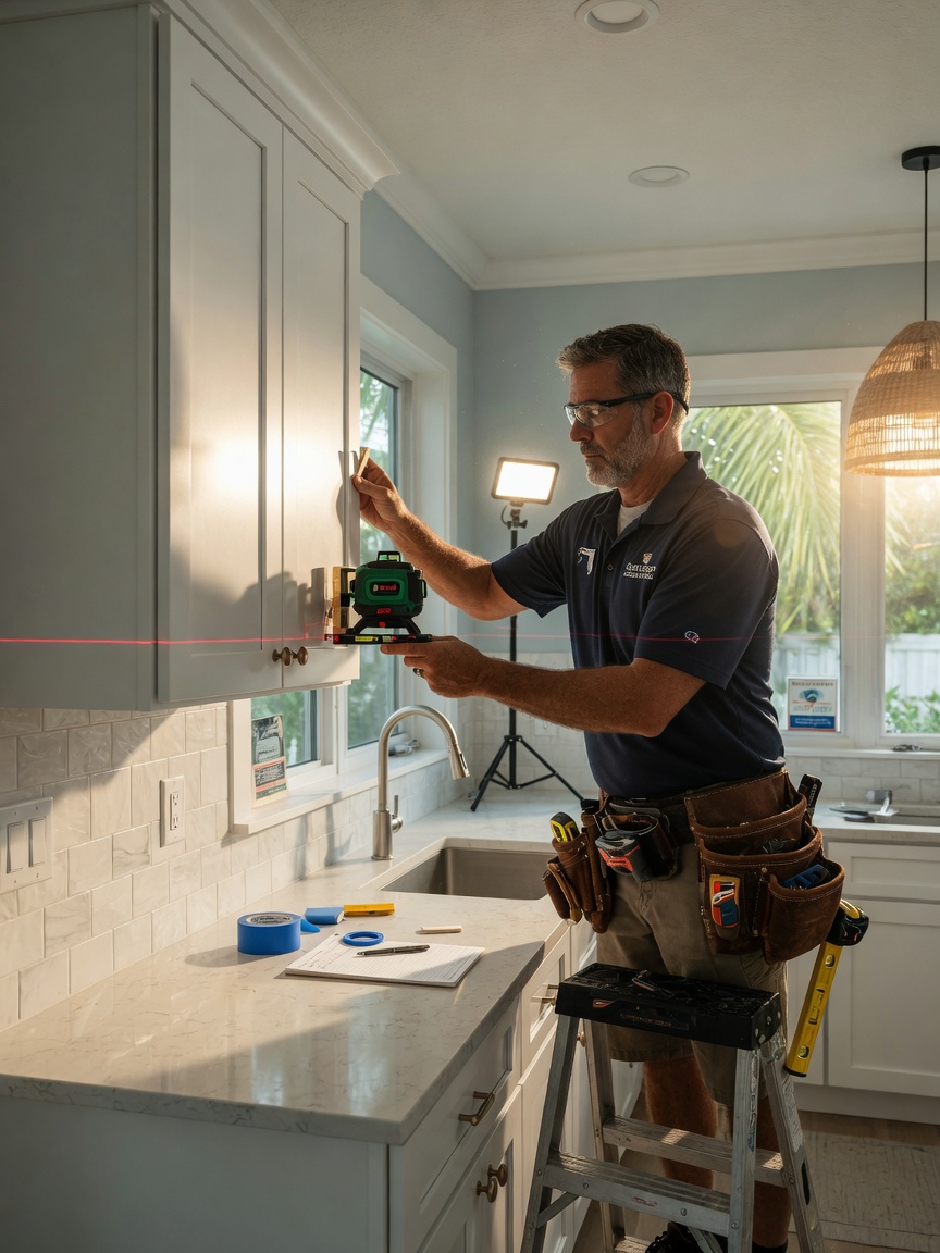 Ultra-realistic 8K image of professional cabinet installer carefully leveling upper cabinets in a Bonita Springs kitchen, tool belt visible, precise laser level in use, bright workspace