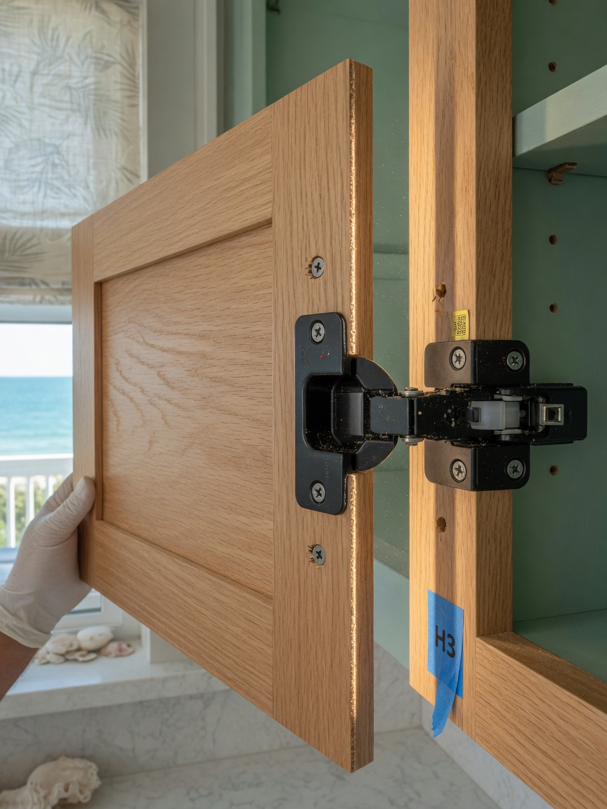 Ultra-realistic 8K close-up of cabinet door installation showing soft-close hinges and perfect alignment in a coastal Florida home, natural oak finish, extreme detail on hardware