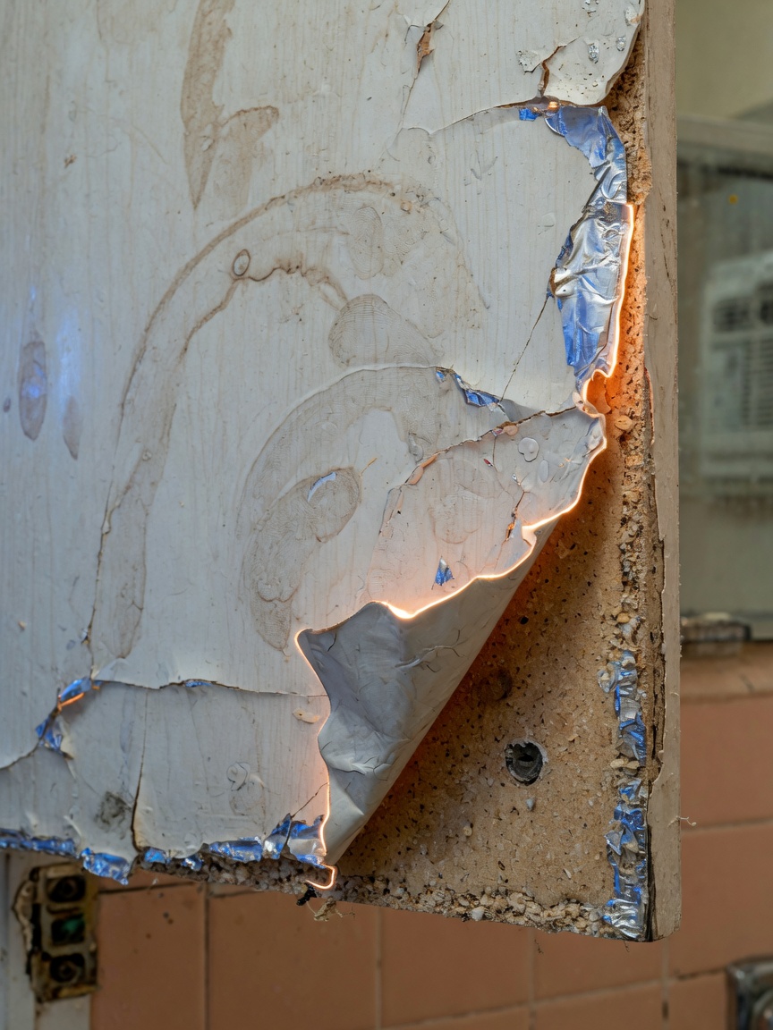 Ultra-detailed 8K photo of swollen particle board bathroom vanity door with lifted thermofoil edge due to humidity damage in a Fort Myers home, showing common failure points, realistic texture and material degradation