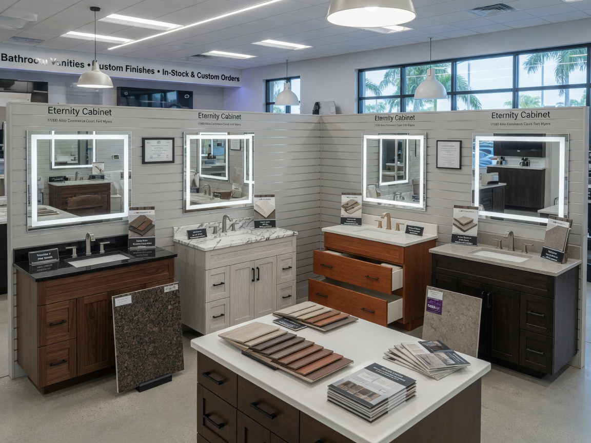 Professional 8K showroom photograph of Eternity Cabinet interior at 17000 Alico Commerce Court Fort Myers displaying multiple bathroom vanity displays with different wood finishes and countertop samples, bright retail lighting