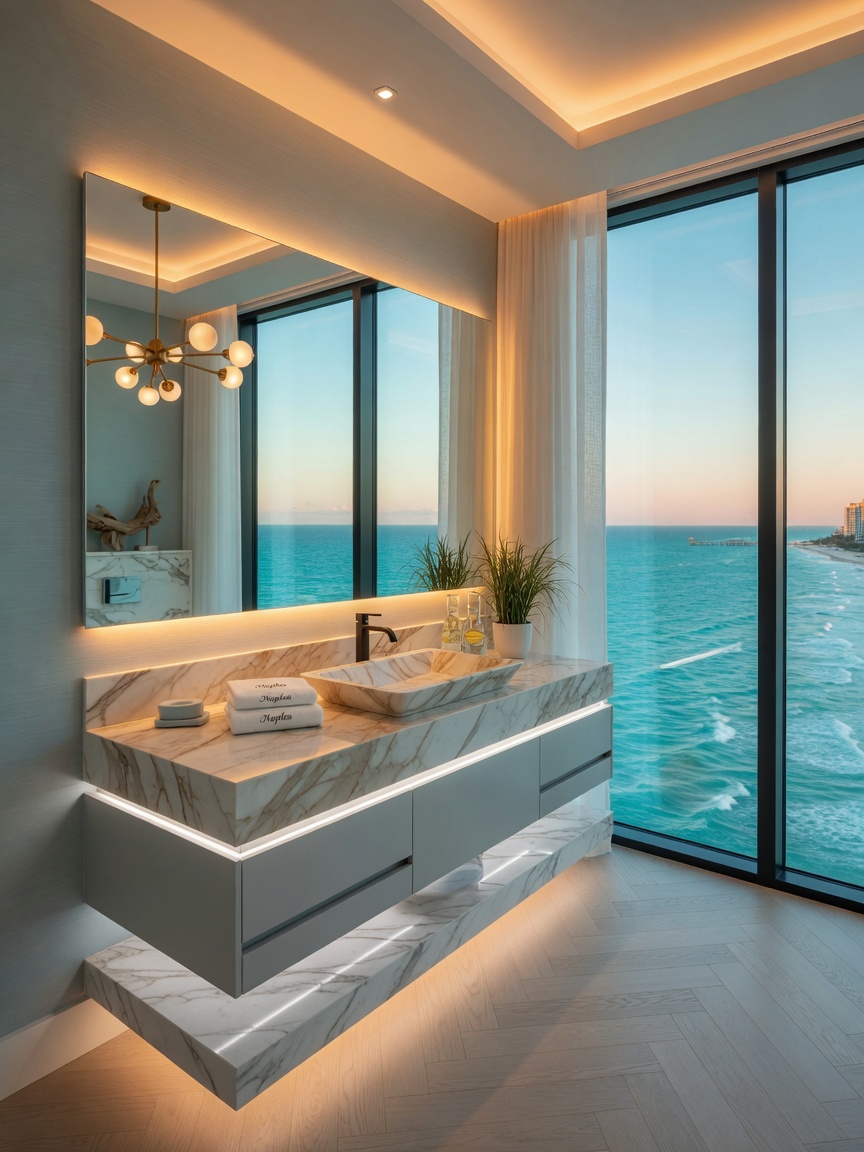 8K architectural photograph of a floating modern bathroom vanity in a Naples Florida beachfront condo with clean lines, integrated lighting, and ocean view, luxurious coastal interior design