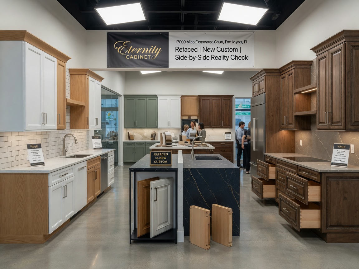 Ultra-realistic 8K image of Eternity Cabinet showroom interior at 17000 Alico Commerce Court in Fort Myers displaying both refaced and new custom kitchen cabinets fort myers side by side