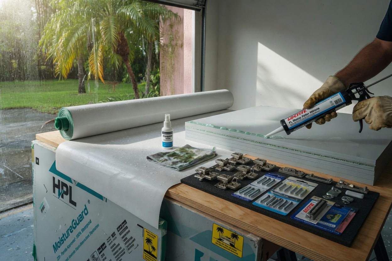 Ultra-realistic 8K image of moisture resistant cabinet materials being prepared for installation in humid Florida climate, showing sealants and special hardware