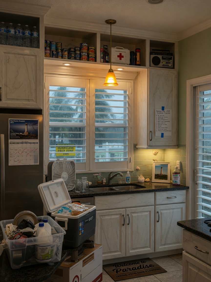 Ultra-realistic 8K dramatic photo of Southwest Florida kitchen during hurricane season preparation with newly refaced cabinets, storm shutters visible outside windows, warm interior lighting