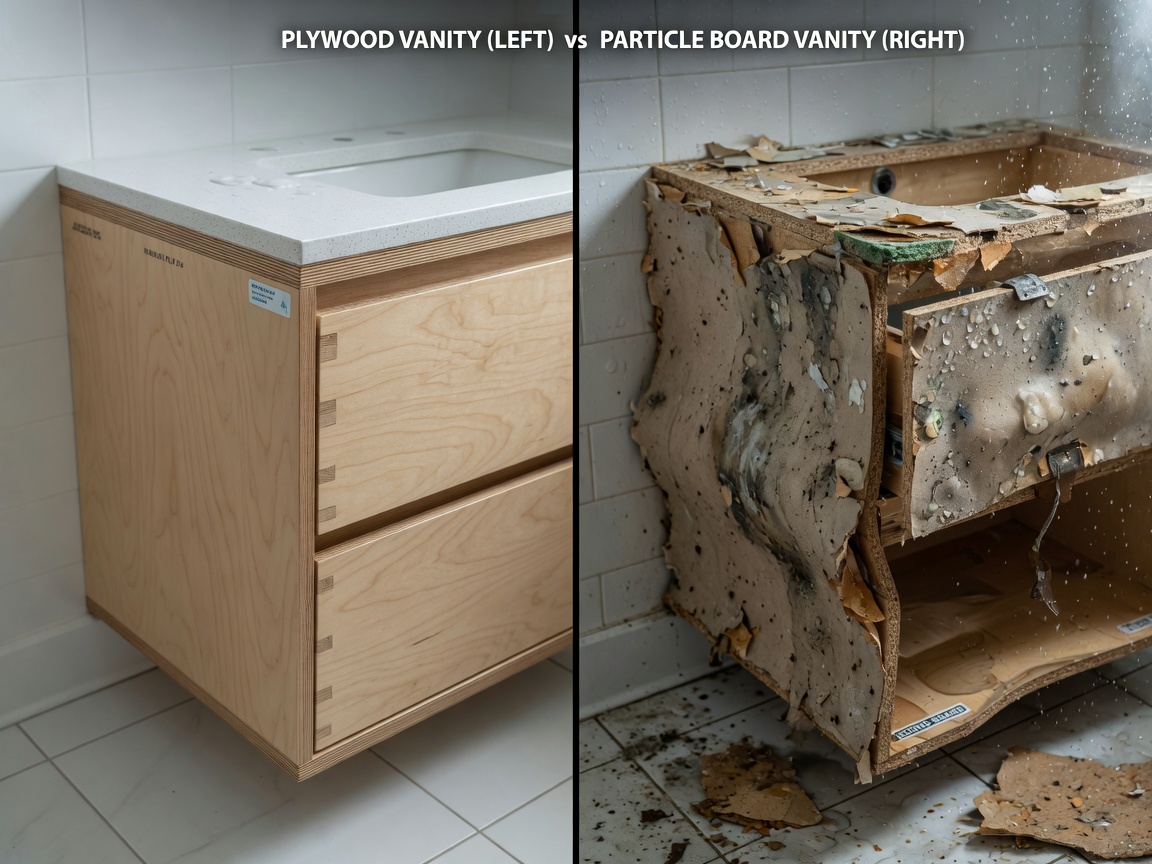 Ultra-realistic 8K image comparing side-by-side a high-quality plywood vanity box next to a failing particle board vanity with visible water damage, educational split screen composition