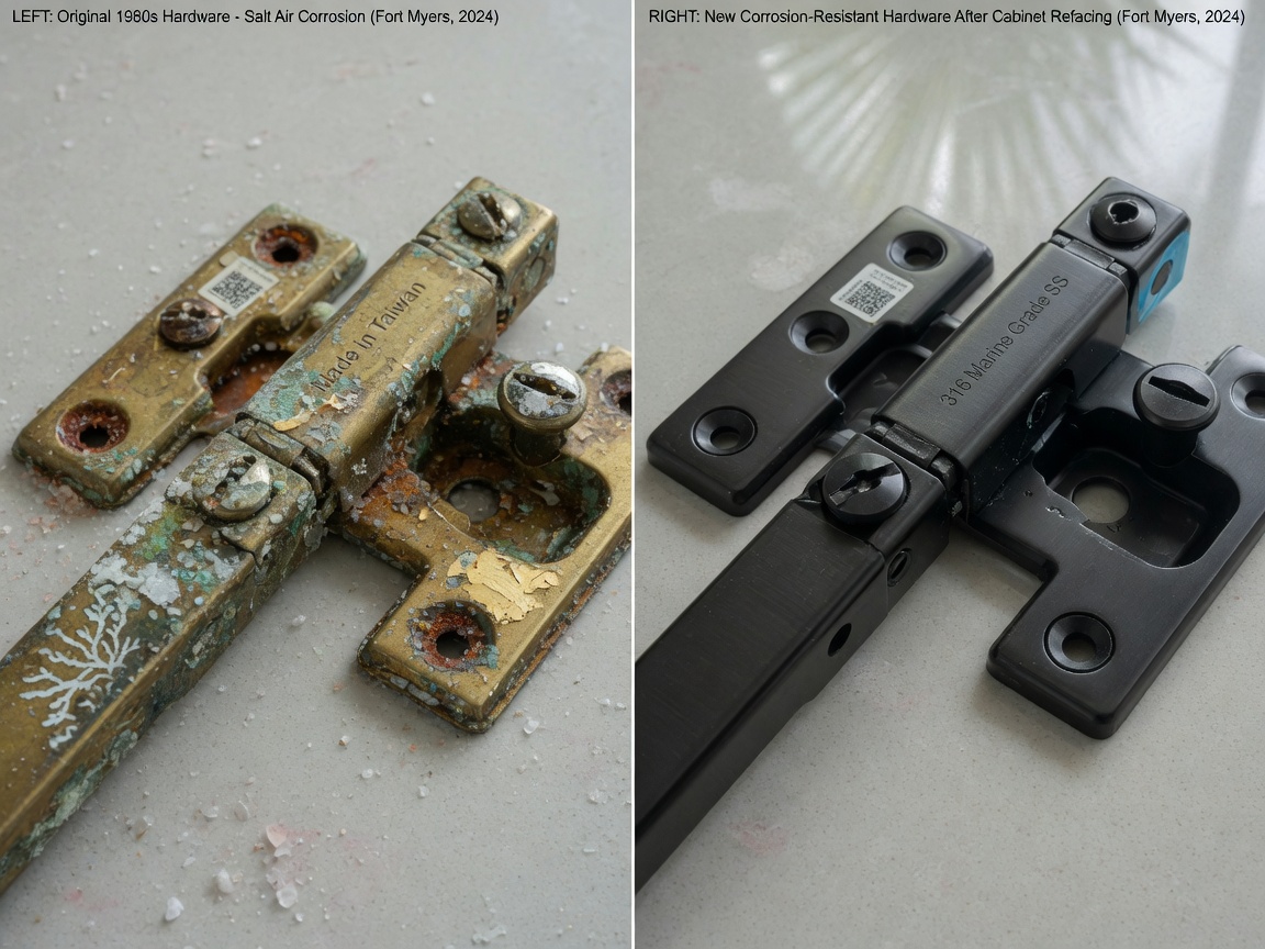 Ultra-realistic 8K close-up of salt air corrosion on old cabinet hardware versus new corrosion-resistant hardware after cabinet refacing fort myers, educational side-by-side comparison