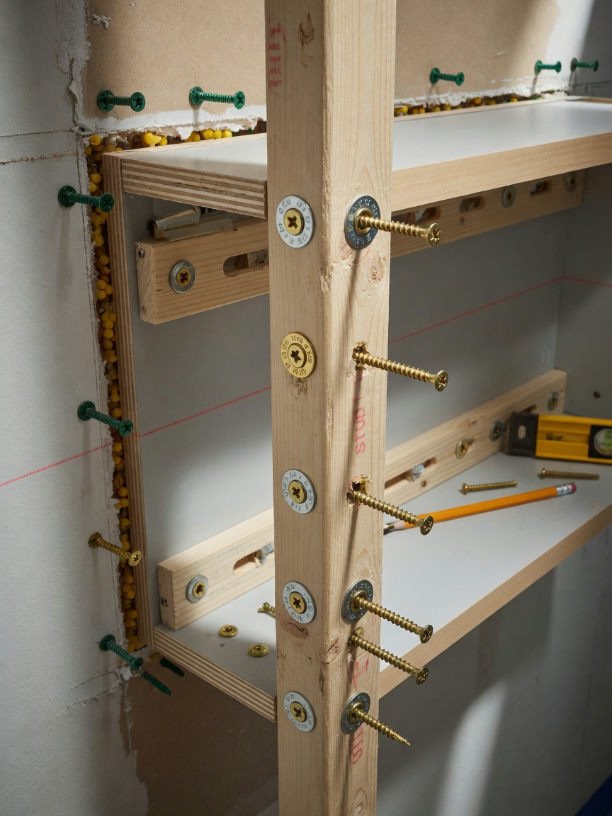 Ultra-realistic 8K close-up of properly anchored cabinet installation showing secure attachment to wall studs with heavy duty screws, cutaway view