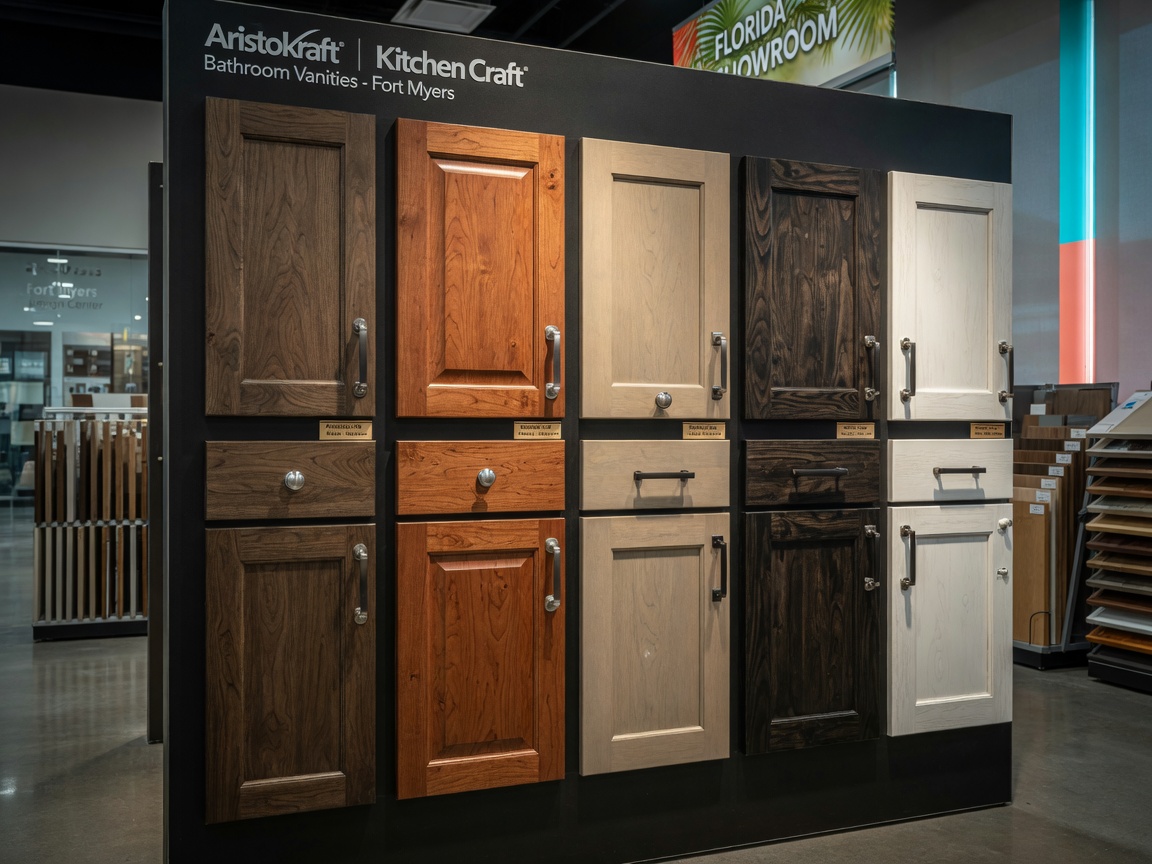 Professional 8K photograph of Aristokraft and Kitchen Craft bathroom vanity door samples arranged on display in a Fort Myers showroom with various stain colors and wood grains visible, product photography