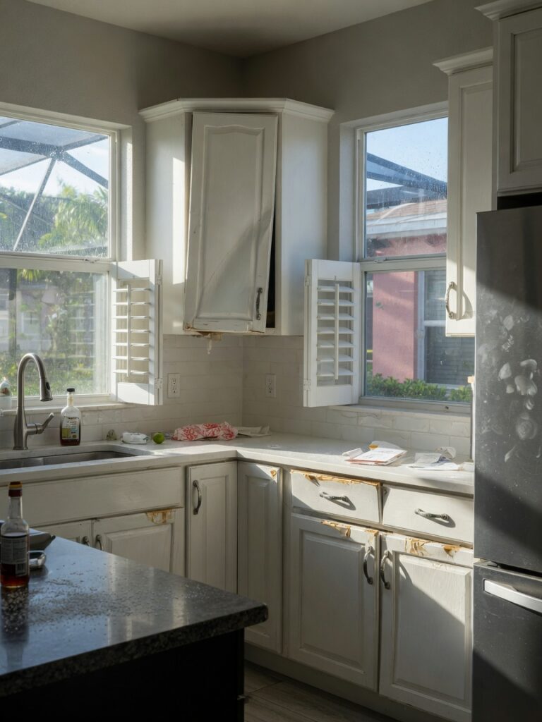 Ultra-realistic 8K photo of a modern Southwest Florida kitchen in Alico South Fort Myers with warped cabinet doors due to humidity, bright morning light coming through windows, salt air visible on metal hardware, detailed wood grain texture, 33967 neighborhood setting