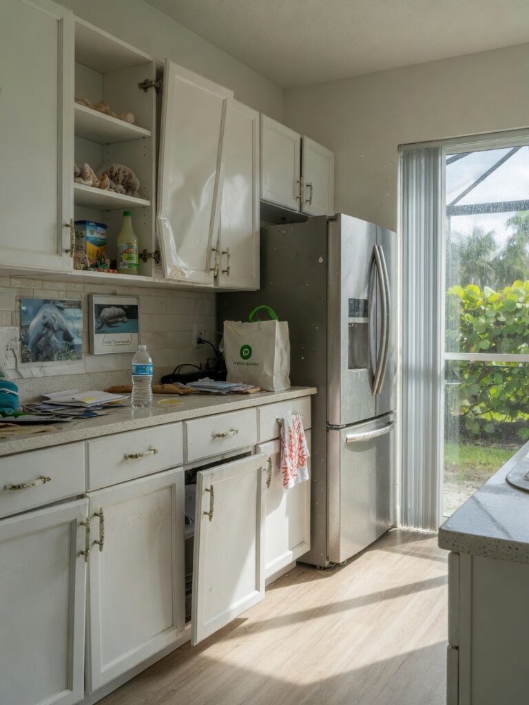 Ultra-realistic 8K photo of a modern Southwest Florida kitchen in Alico with visibly warped and sticking cabinet doors due to high humidity, natural daylight coming through windows, salt air corrosion visible on hinges, 33967 neighborhood style