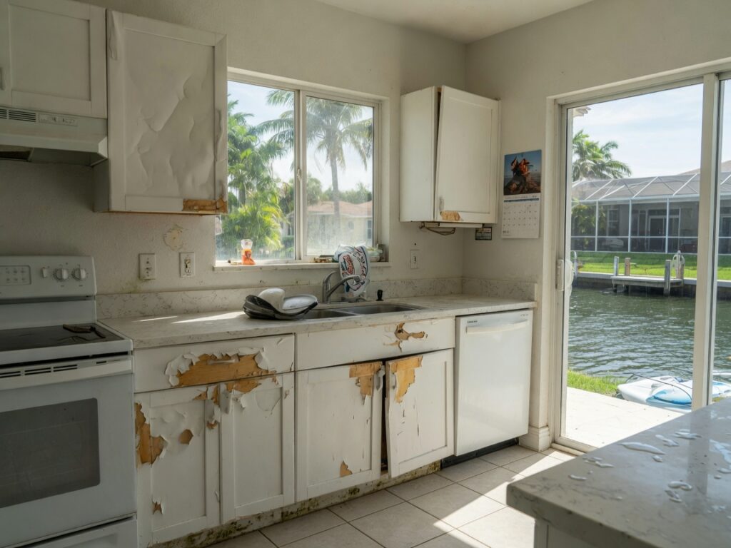 Ultra-realistic 8K photo of a modern Cape Coral Florida kitchen with visible cabinet door misalignment and peeling finish due to humidity, bright natural light coming through windows overlooking a canal, 33914 zip code area, detailed textures of swollen wood grain