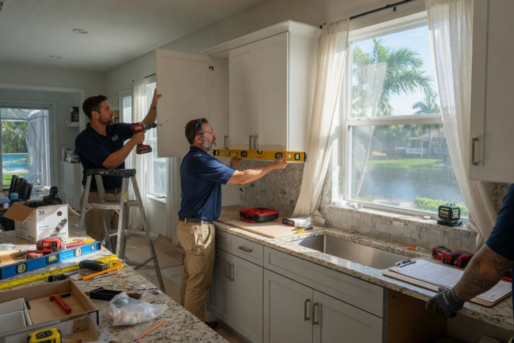 Ultra-realistic 8K photo of a professional kitchen cabinet installation team carefully anchoring upper cabinets in a bright Southwest Florida home with salt air visible through open windows, tools and levels on granite countertops, Alico community style interior