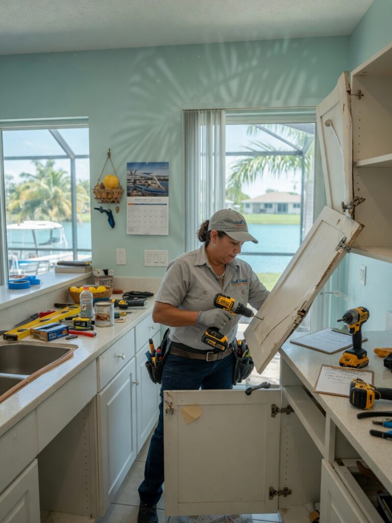 Ultra-realistic 8K photo of a professional technician in uniform repairing a sagging kitchen cabinet door inside a bright Cape Coral Florida home, natural daylight, tools visible on counter, highly detailed textures