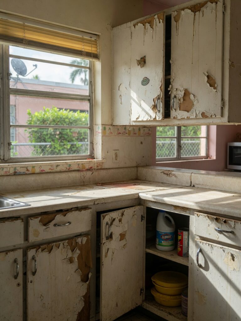 Ultra-realistic 8K photo of worn and peeling kitchen cabinets in a South Florida home in Alico, natural daylight coming through windows, showing water damage and faded finish, professional photography