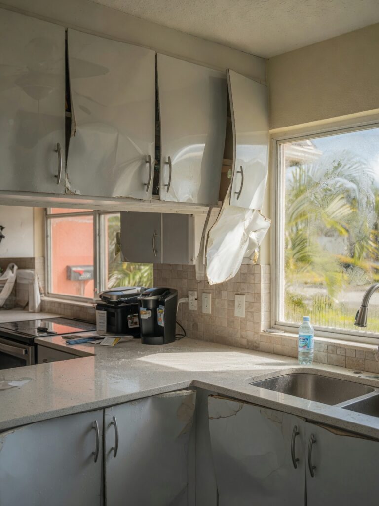 Ultra-realistic 8K photo of a modern kitchen in a South Fort Myers home showing warped cabinet doors due to humidity, natural daylight coming through windows, salt air visible on glass, 33967 neighborhood style