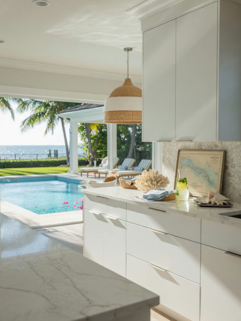 Ultra-realistic 8K photo of elegant modern kitchen cabinets with soft-close doors in a luxury Naples Florida home, bright natural light, white quartz countertops, view of backyard pool, coastal decor, highly detailed textures
