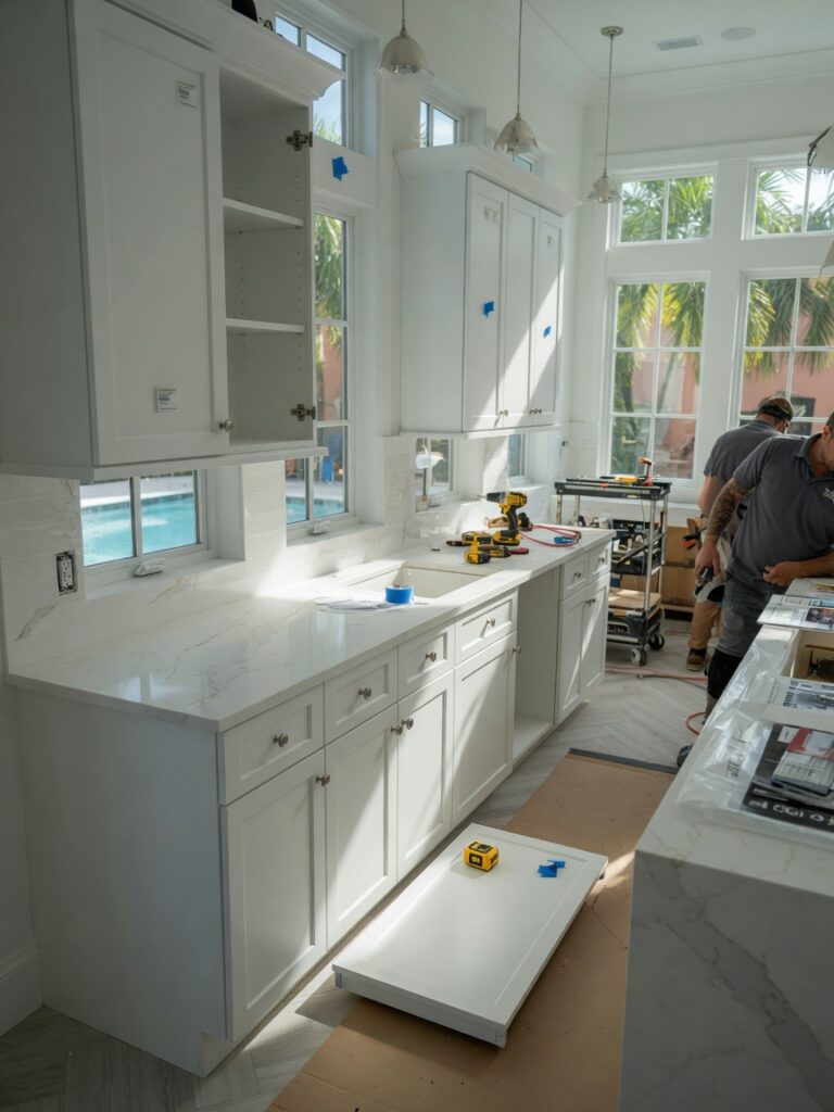 Ultra-realistic 8K photo of modern white shaker kitchen cabinets with quartz countertops in a bright Naples Florida home, natural daylight streaming through windows, professional installation in progress, clean and luxurious atmosphere