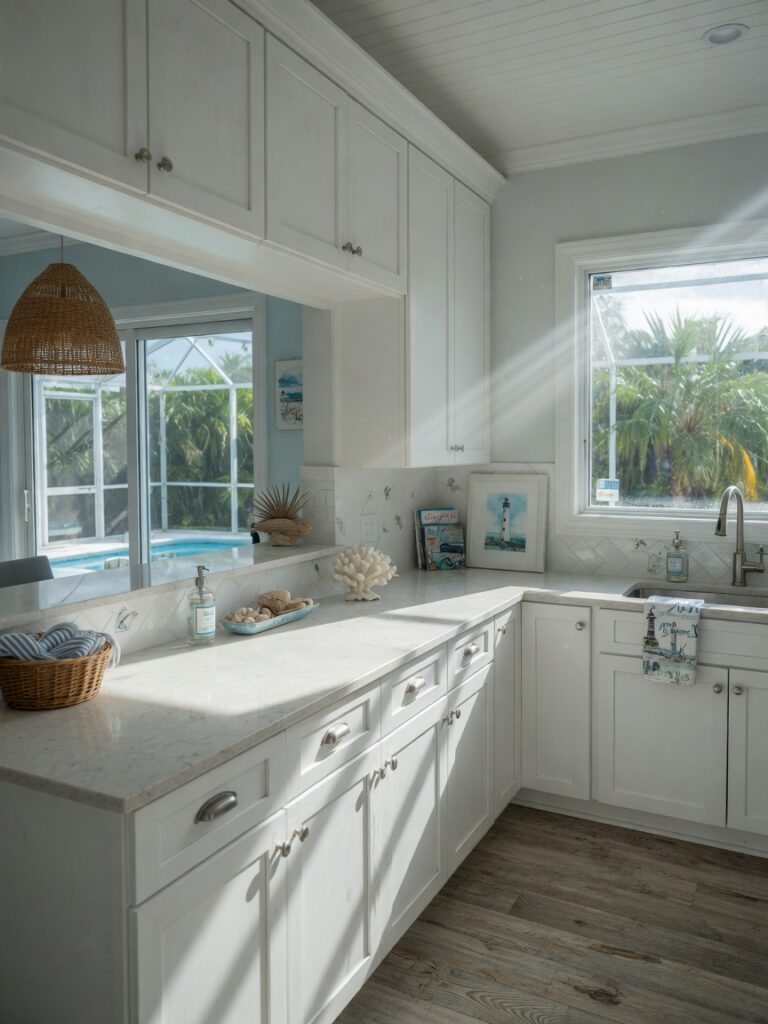 Ultra-realistic 8K photo of modern kitchen with white shaker cabinets in a North Fort Myers Florida home, bright natural lighting streaming through windows, clean countertops, coastal decor, highly detailed wood texture and hardware