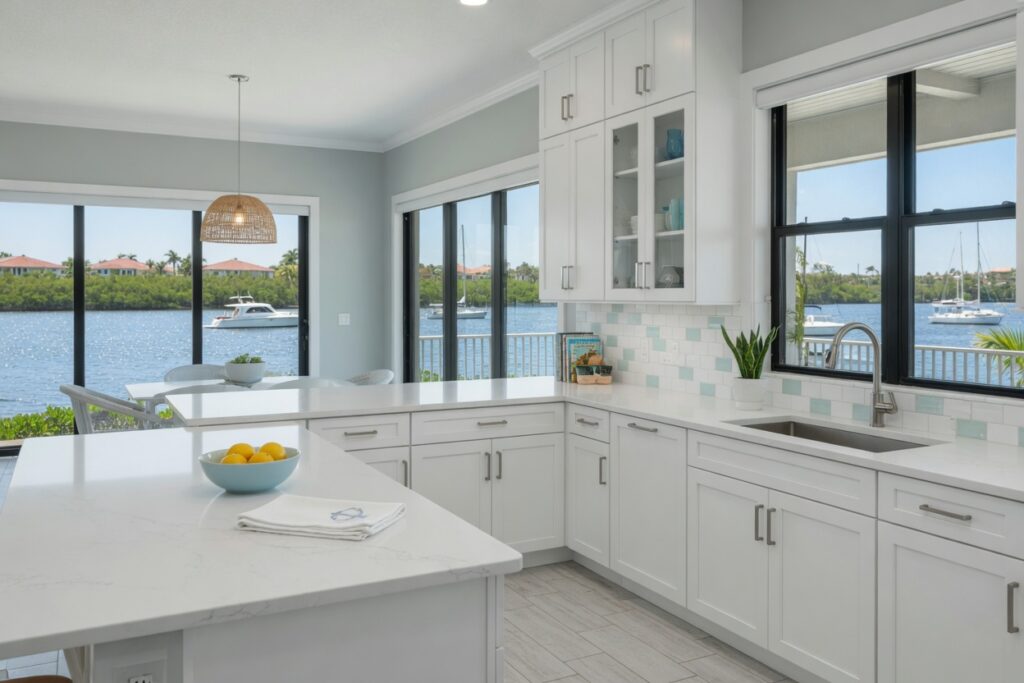 Ultra-realistic 8K photograph of a modern coastal kitchen with white shaker cabinets in a North Fort Myers home, bright natural light from large windows overlooking the Caloosahatchee River, clean countertops, professional photography