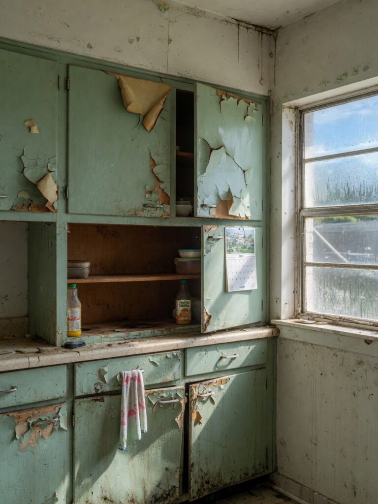 Ultra-realistic 8K photo of worn and faded kitchen cabinets with peeling finish in a humid Florida home in Alico South Fort Myers, natural daylight coming through window, showing water damage details, professional photography