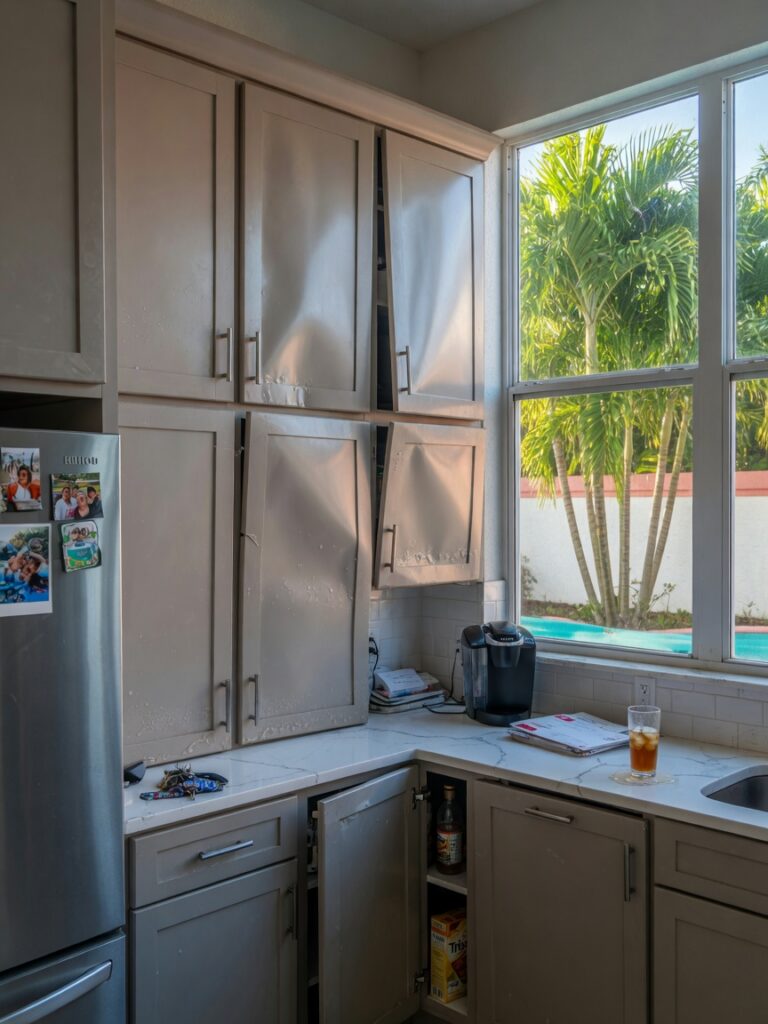 Ultra-realistic 8K photograph of modern kitchen cabinets with misaligned doors in a Southwest Florida home showing humidity swelling, natural daylight coming through windows with palm trees visible outside, Alico South Fort Myers style interior