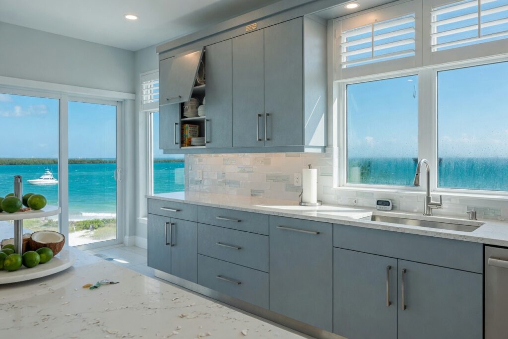 Ultra-realistic 8K photo of modern commercial cabinets installed in a coastal kitchen in South Fort Myers Florida with bright natural light streaming through windows overlooking the Gulf, showing stainless steel hardware and moisture resistant finishes, professional photography, sharp detail