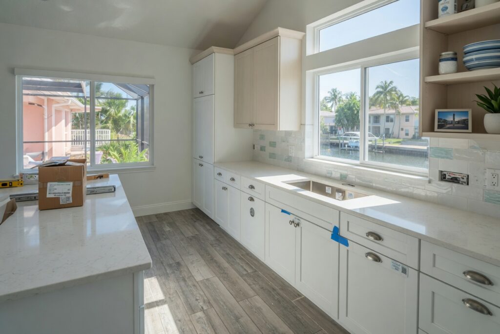 Ultra-realistic 8K photograph of a modern kitchen with newly installed coastal-style cabinets in a South Fort Myers home, bright natural light coming through large windows, showing salt-air resistant finishes, professional installation details, luxury vinyl plank flooring, 33967 neighborhood style