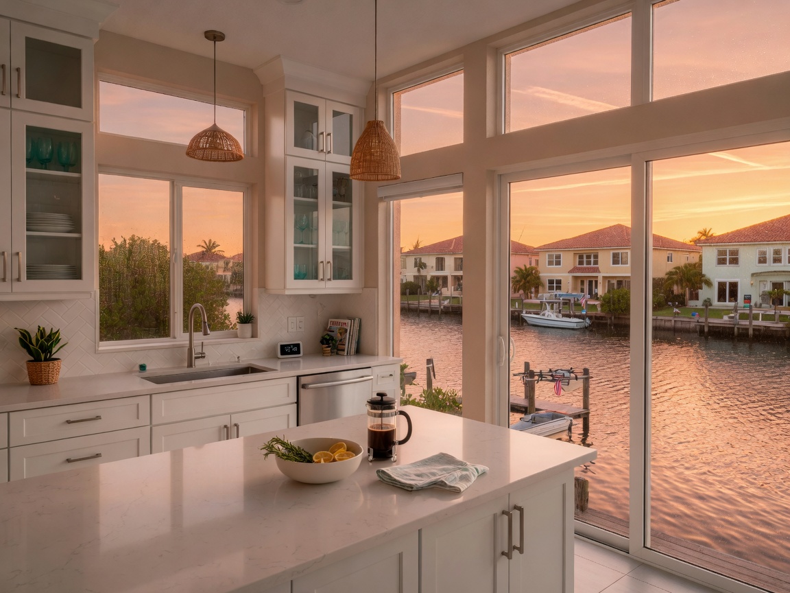 Ultra-realistic 8K photo of a modern coastal kitchen with white shaker cabinets, quartz countertops, and large windows overlooking a Cape Coral canal at golden hour, natural lighting, highly detailed