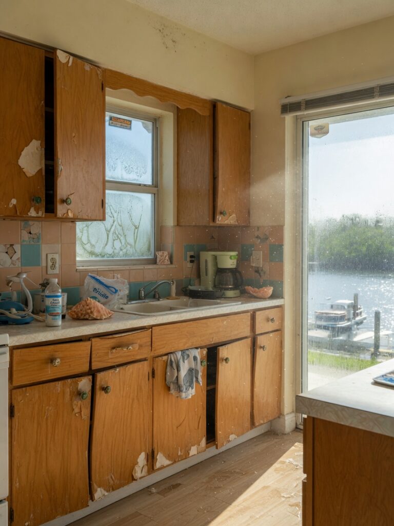 Ultra-realistic 8K photo of a Cape Coral Florida kitchen with humidity-warped wooden cabinet doors in a 33990 waterfront home, bright natural lighting, salt air visible on window, detailed textures, professional photography