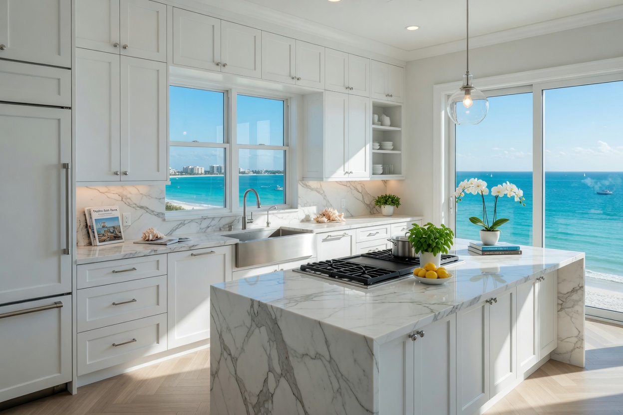 Ultra-realistic 8K photograph of a modern Naples Florida kitchen with newly installed white shaker cabinets, bright natural light streaming through large windows overlooking the Gulf of Mexico, marble countertops, professional photography, sharp detail