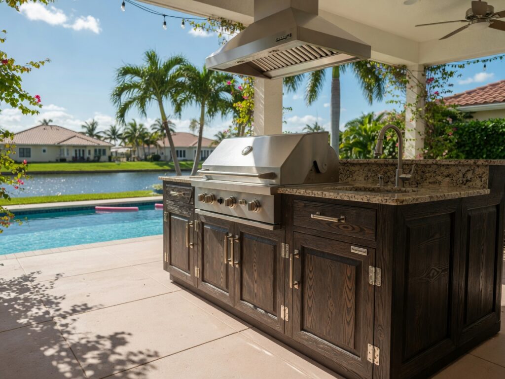 Ultra-realistic 8K photo of a luxurious outdoor kitchen featuring installed NatureKast weatherproof outdoor cabinets on a sunny lanai in Cape Coral Florida with pool visible in background, detailed wood grain texture, stainless steel hardware, professional photography