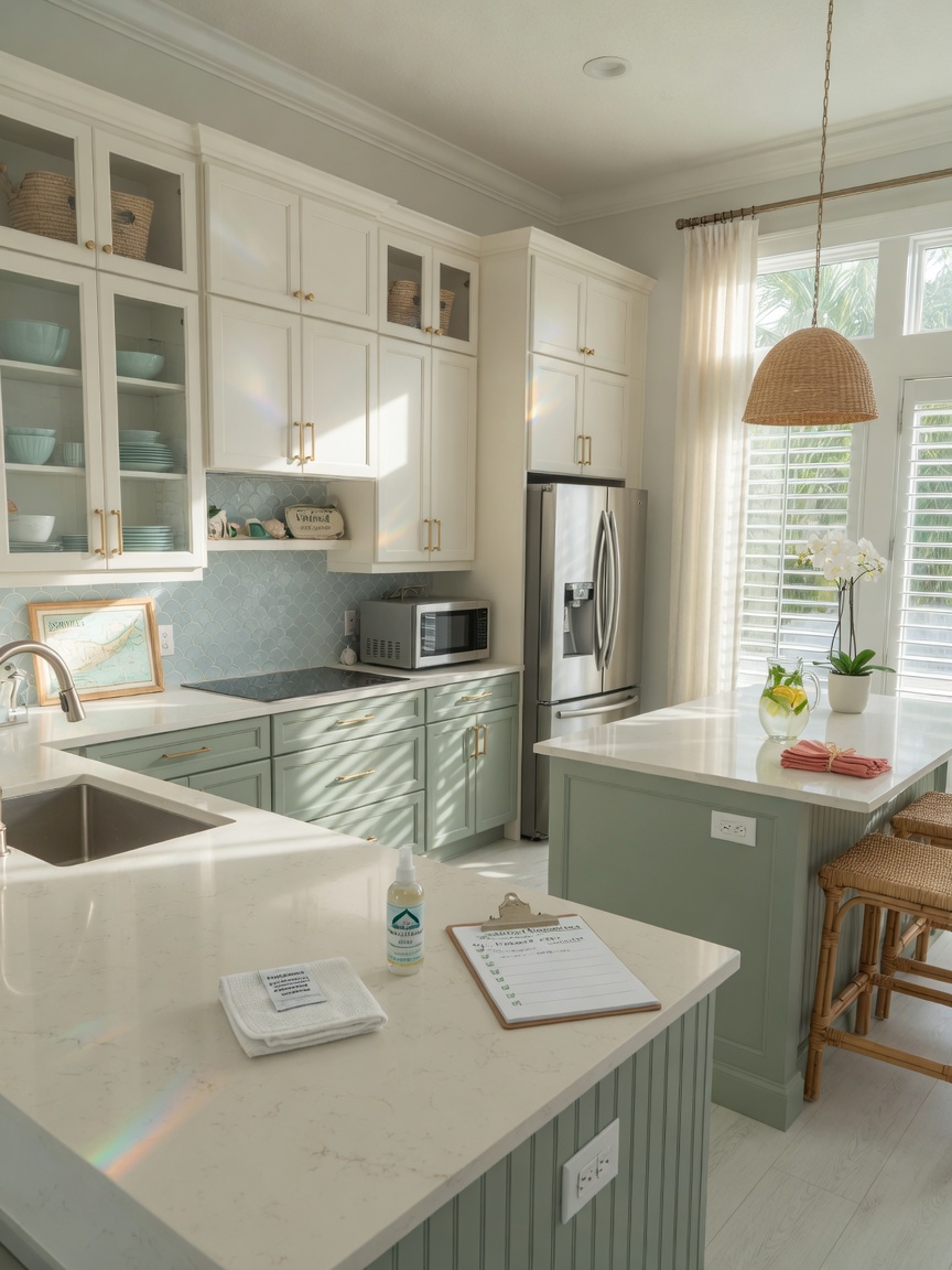 Clean and organized kitchen after professional Checkout service completed, beautiful updated cabinetry, bright natural light, Southwest Florida style, ultra-realistic 8K