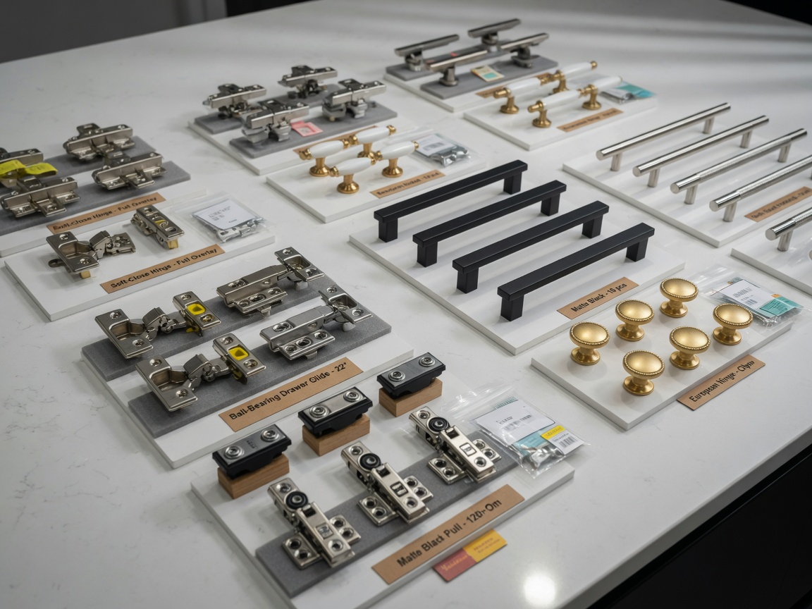 8K realistic image showing various cabinet hardware samples including hinges, glides and handles arranged neatly on a white countertop for customer selection