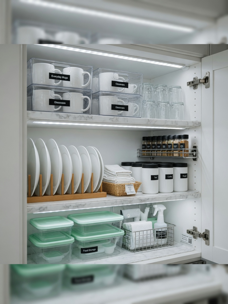 Clean and organized cabinet interior after professional Cart repair, new soft-close hinges, moisture resistant shelf liners, bright LED lighting