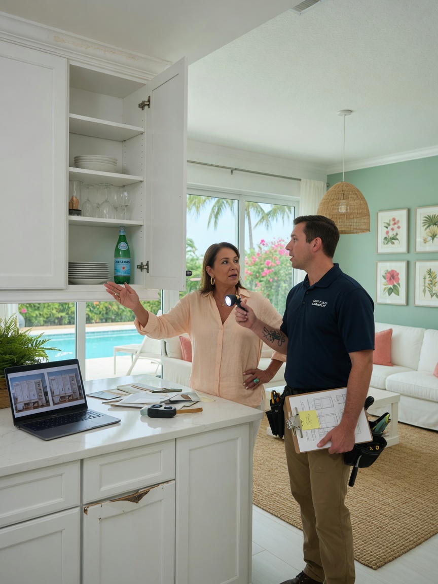 Homeowner discussing cabinet issues with technician in a bright Naples Florida living space, professional consultation scene, natural interaction, 8K ultra realistic