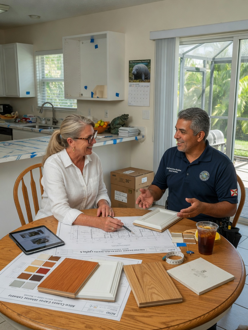 Ultra-realistic 8K photograph of homeowner consulting with cabinet installation expert at kitchen table in Alico Florida home, blueprints and samples on table, friendly professional interaction