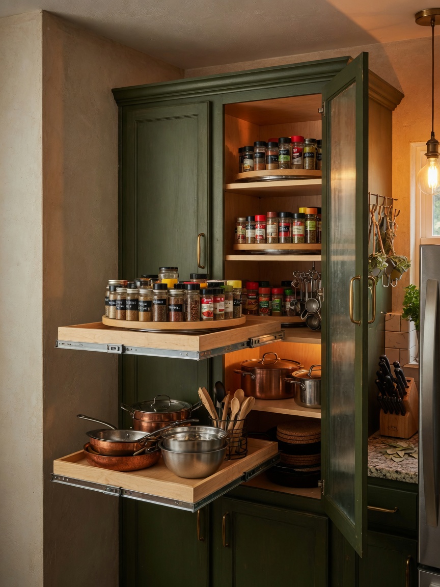 Ultra-detailed 8K photograph of custom corner cabinet with pull-out shelves and lazy Susan installed in tight kitchen space, organized spices and cookware, warm lighting