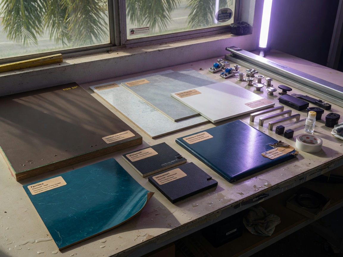 Professional 8K photo of moisture resistant commercial cabinet materials including substrates, laminates and hardware laid out on a workshop table in Fort Myers, product photography style