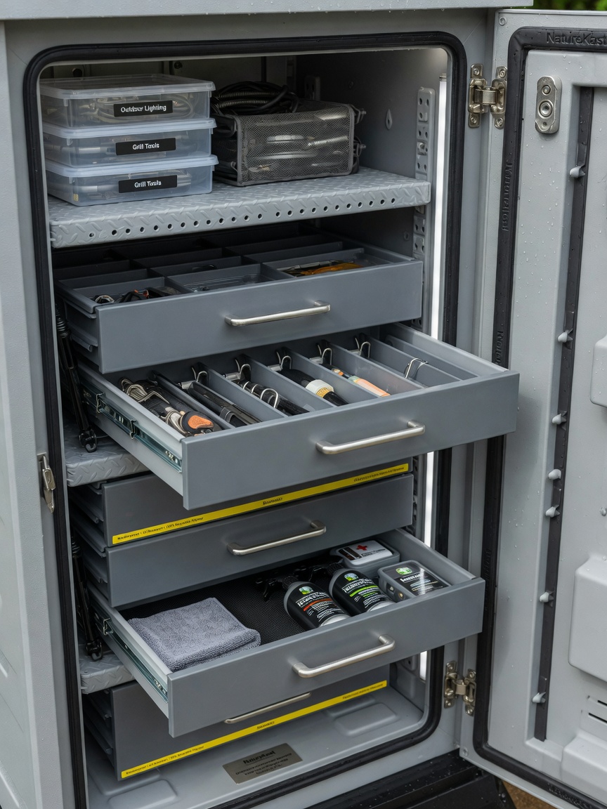Close-up ultra-realistic 8K image of NatureKast weatherproof outdoor cabinet interior organization with shelves, soft close drawers, and weatherproof construction details visible