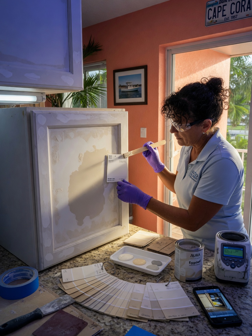 Ultra-realistic 8K photograph of a technician carefully matching paint color on a repaired cabinet face in a Cape Coral home, color swatches visible