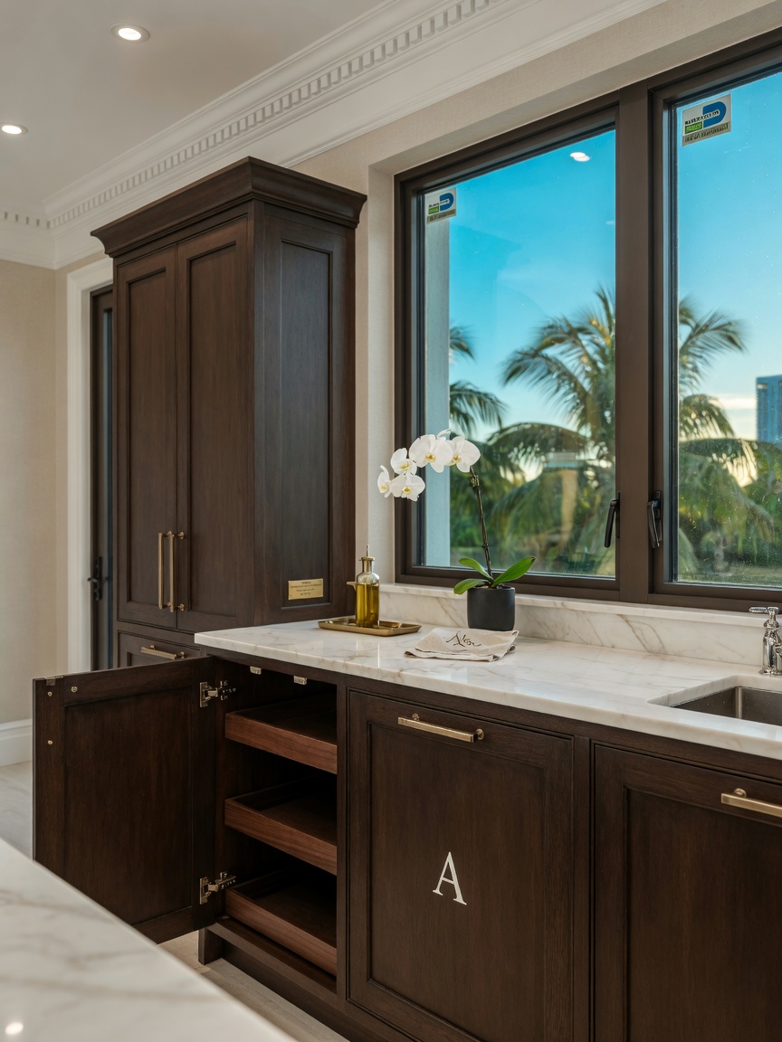 Ultra-realistic 8K photo of a completed cabinet restoration project showing perfect door alignment in a luxury Alico kitchen with hurricane impact windows