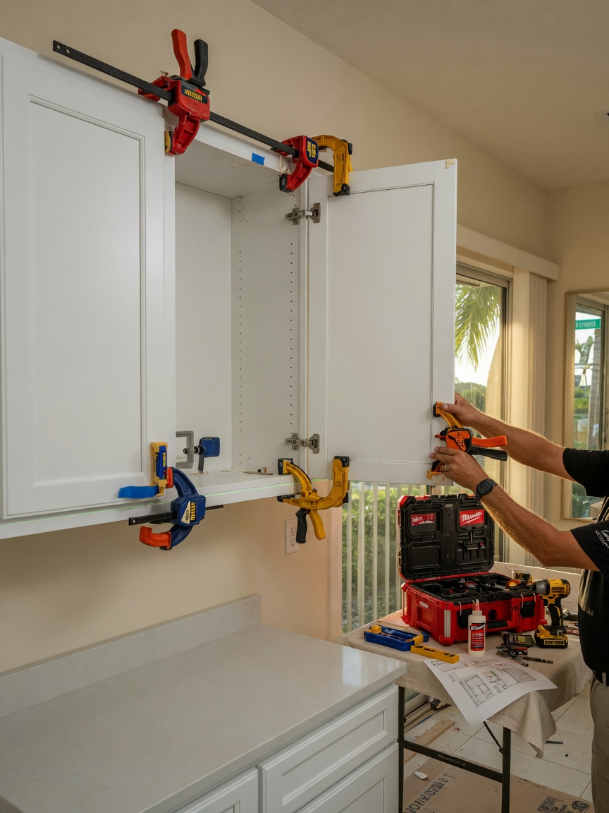 Ultra-realistic 8K image showing proper cabinet joining technique with clamps during installation in South Fort Myers 33967 home, detailed woodwork and professional tools in frame