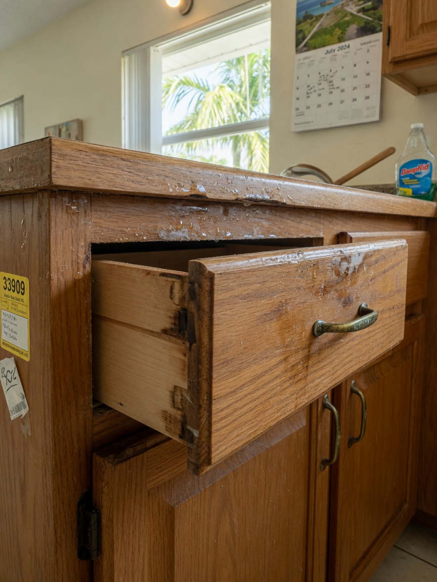 Ultra-realistic 8K image of cabinet drawers sticking due to summer heat and humidity expansion in a Cape Coral 33909 residence, detailed wood grain and moisture damage visible