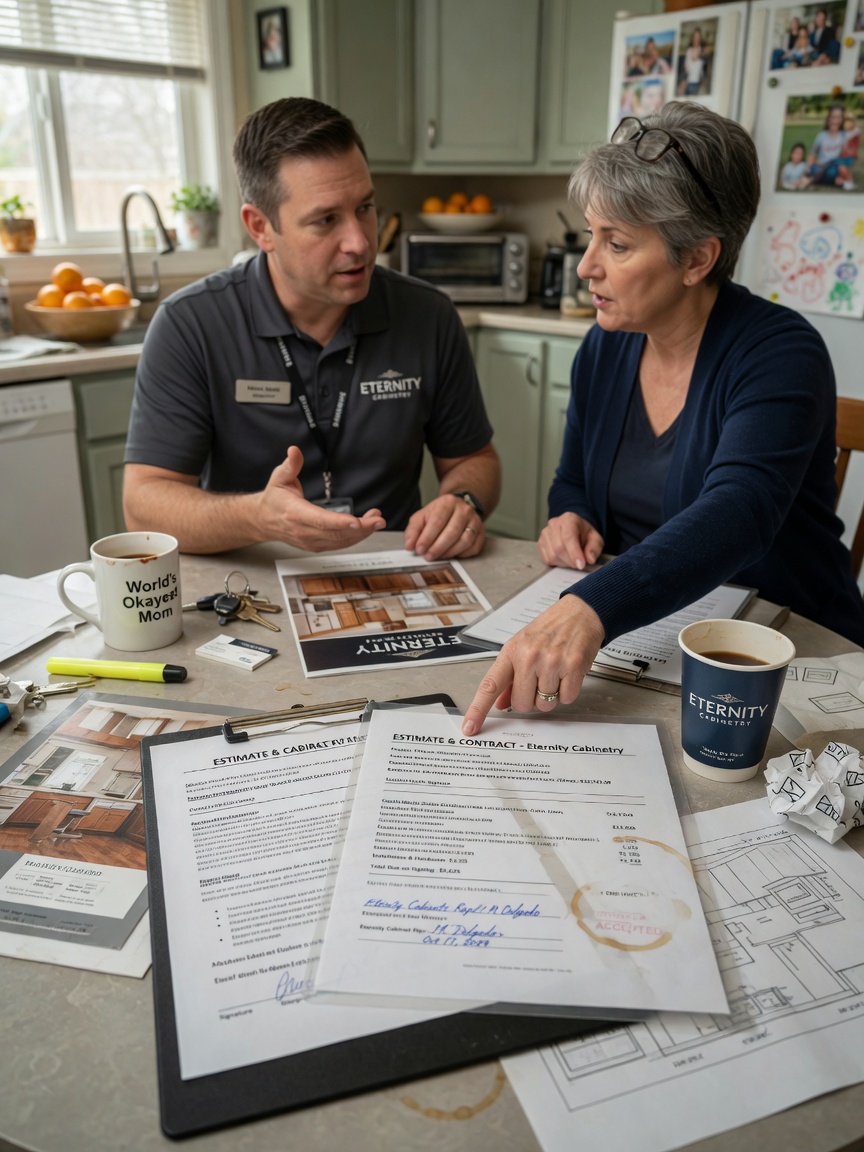 Ultra-realistic 8K image showing transparent written estimate and contract on a clipboard at a kitchen table with homeowner reviewing details with Eternity Cabinet representative, coffee cups nearby