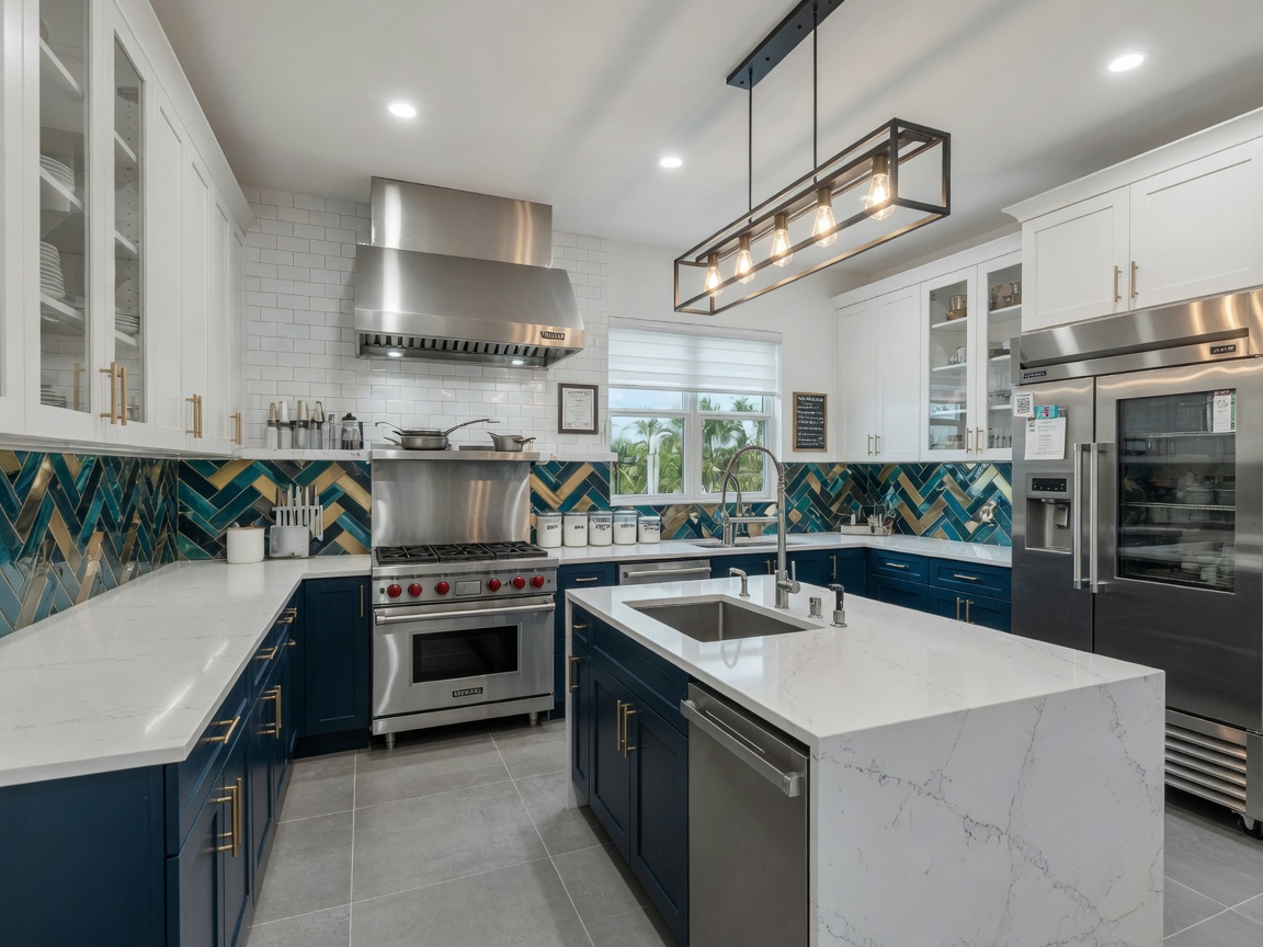 Ultra-realistic 8K image of a complete commercial kitchen transformation in an Alico rental property, beautiful new cabinets, updated backsplash, modern lighting, real estate listing photo