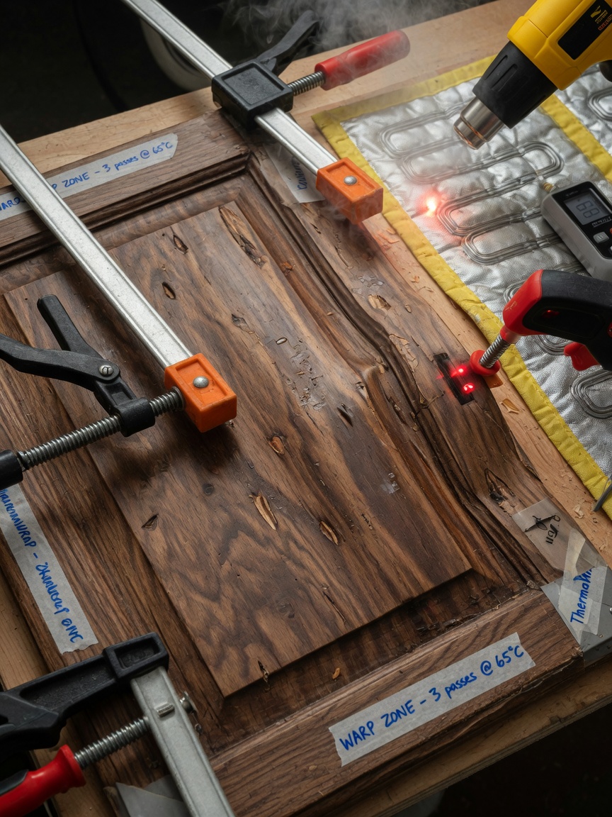 Close-up 8K image of humidity-warped cabinet door being straightened with specialized clamps and heat, detailed wood grain texture