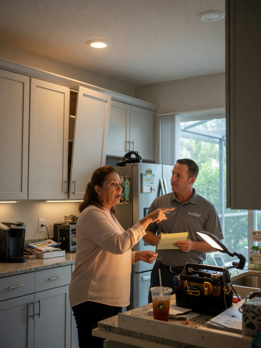 Homeowner in South Fort Myers kitchen pointing at misaligned cabinet doors while speaking with service technician, natural interaction, realistic scene