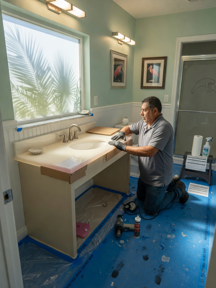 Ultra-realistic 8K photograph of technician performing same day Cart on bathroom vanity in a Southwest Florida home, bright bathroom lighting, protective floor coverings visible