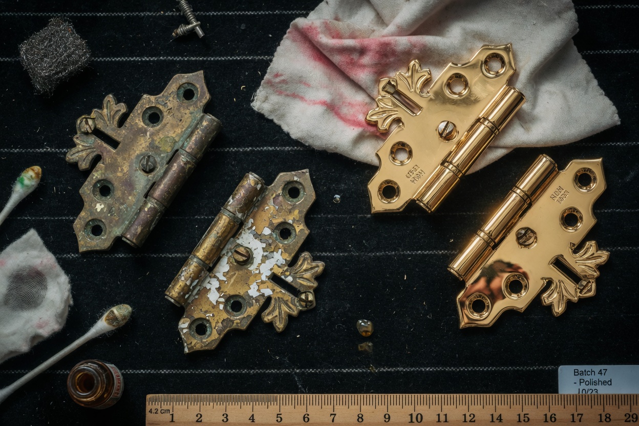 Ultra-realistic 8K image of cabinet hardware restoration process showing old tarnished hinges next to cleaned and polished ones, detailed macro photography
